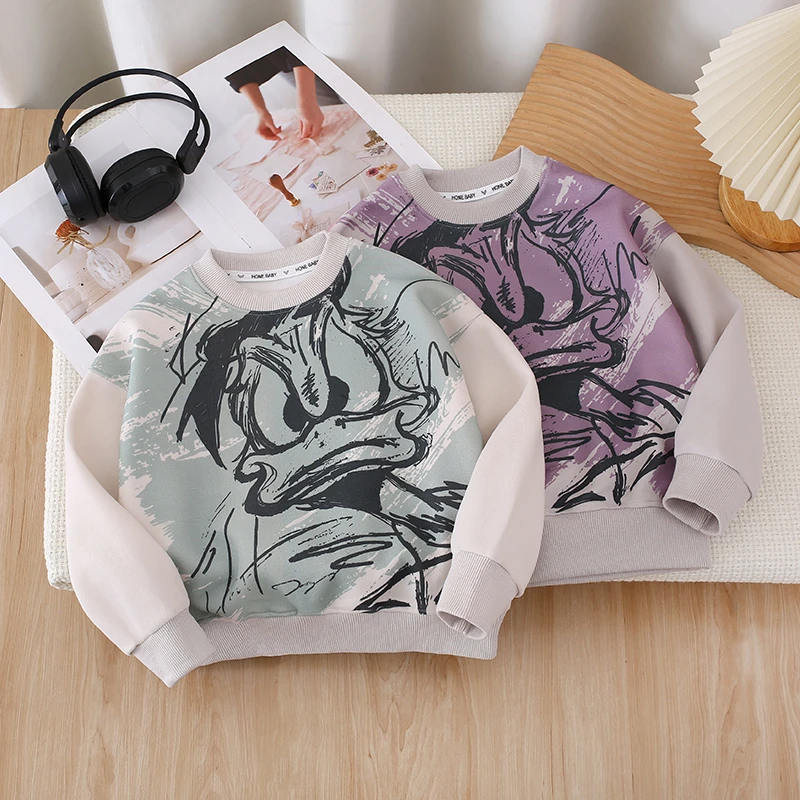 【现货】春季新款男女童装搞怪唐老鸭圆领痞帅韩版时髦休闲时尚卫衣