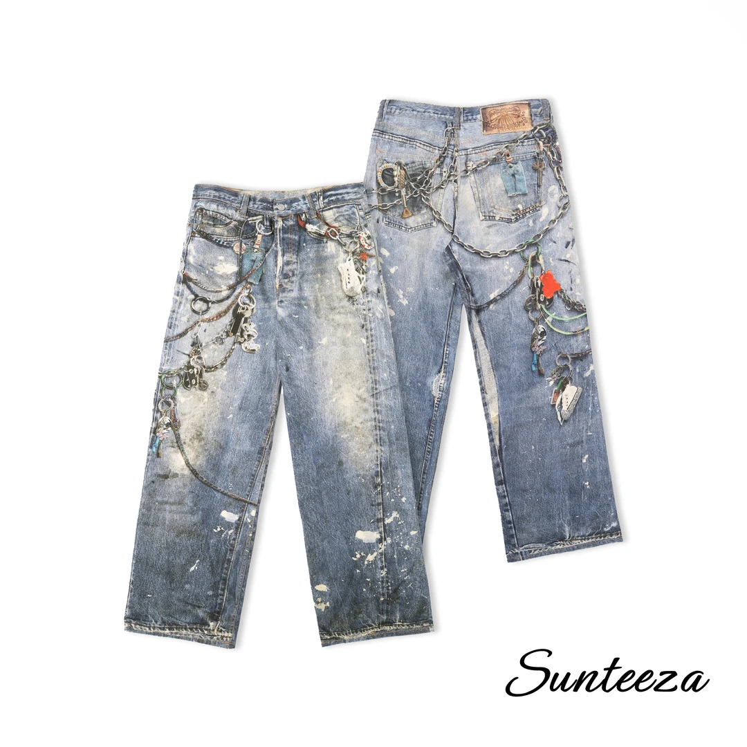 【SUNTEEZA】3D立体打印钥匙裤链泥染阔腿Baggy牛仔裤长裤