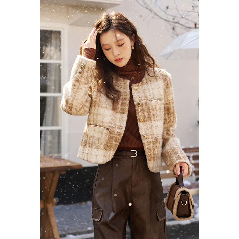 【年末大促】谜秀 秋冬羊圈毛格纹面料+内里800D间棉女小香风短外套