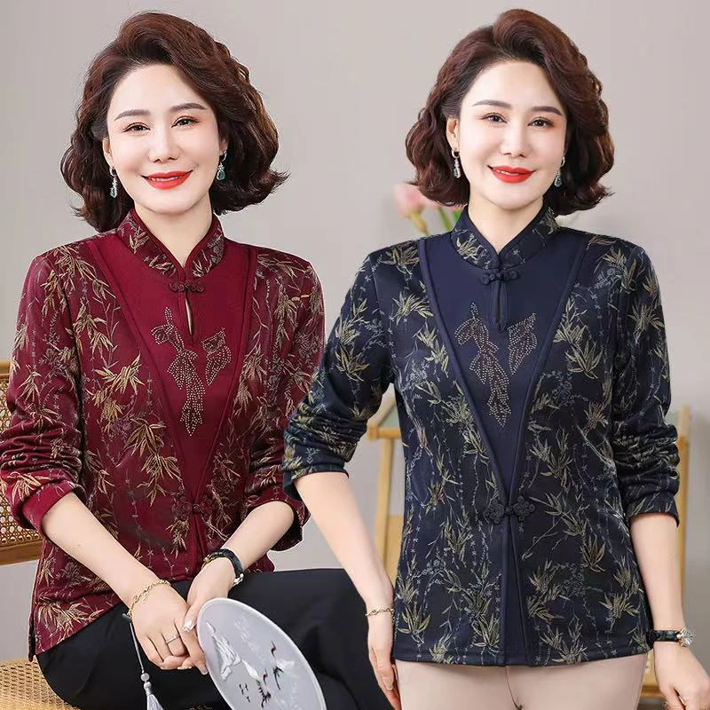 洋气时尚拼接镶钻百搭印花假两件长袖打底修身中老年妈妈装打底衫