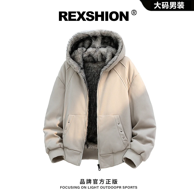 REXSHION连帽加绒加厚羽绒服男2025冬季新款高端洋气保暖休闲外套
