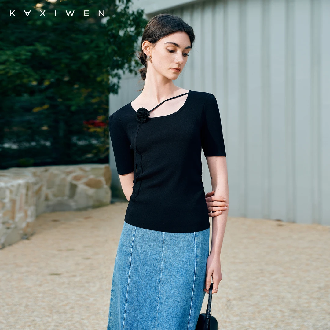 佧茜文简约百搭立体花朵针织衫【夏新】休闲时尚圆领上衣D02DZW6507