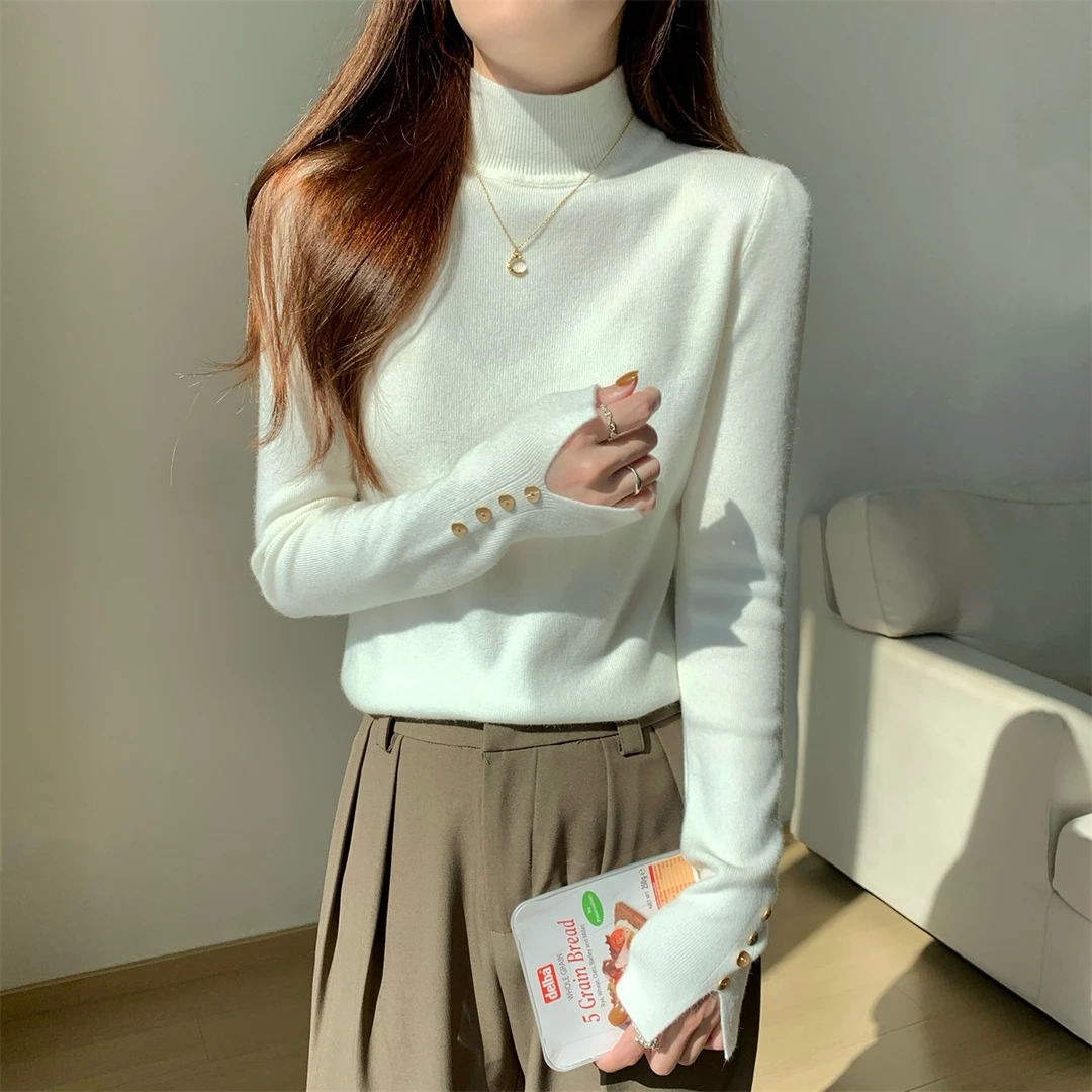 半高领纽扣内搭长袖针织衫秋韩版纯色气质修身打底毛衣上衣