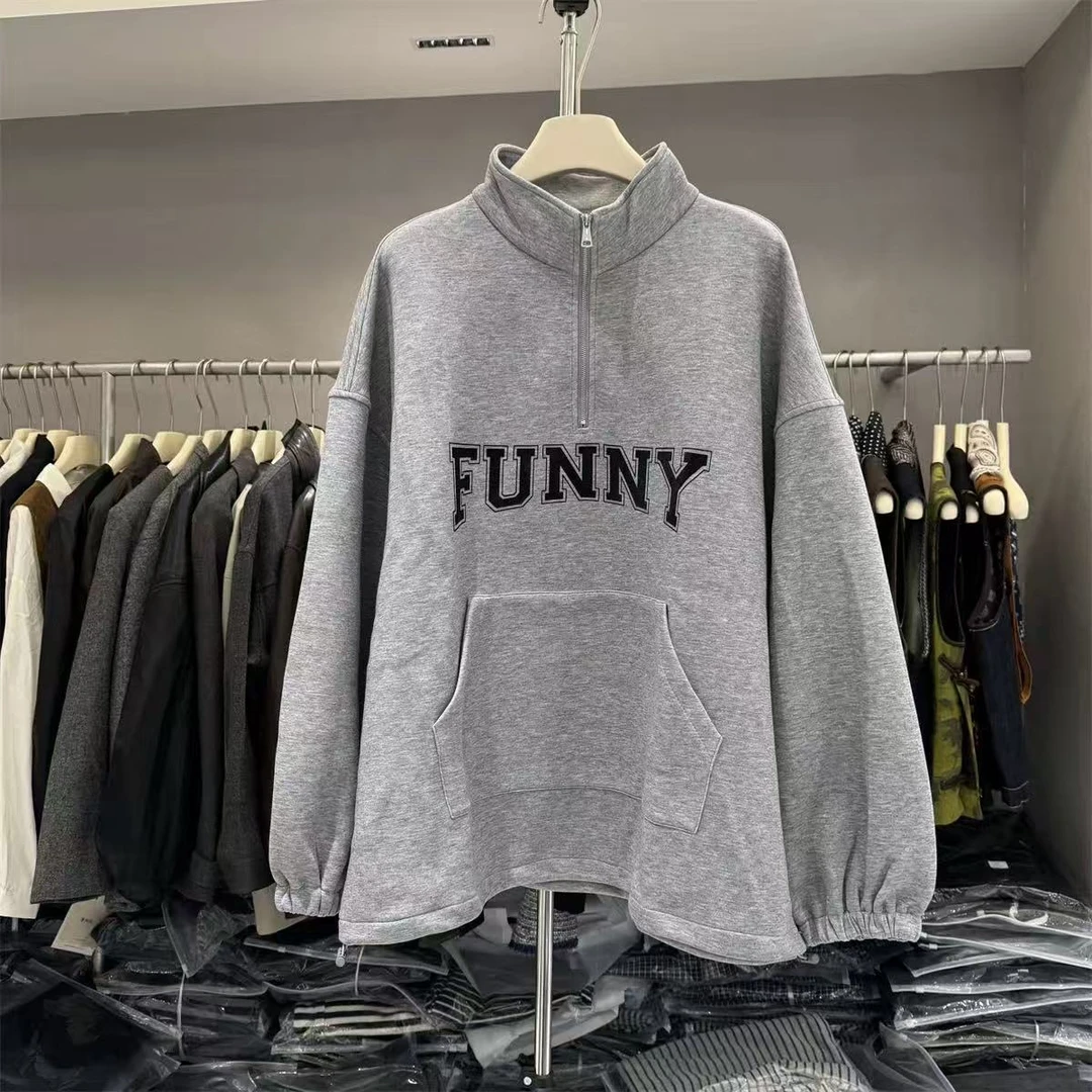 韩版秋季潮流百搭慵懒立领字母宽松休闲卫衣