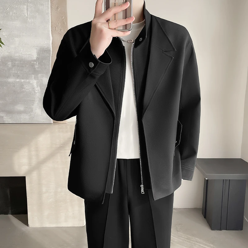 原创轻熟风秋冬韩版男士假两件夹克潮流宽松痞帅百搭个性潮牌外套