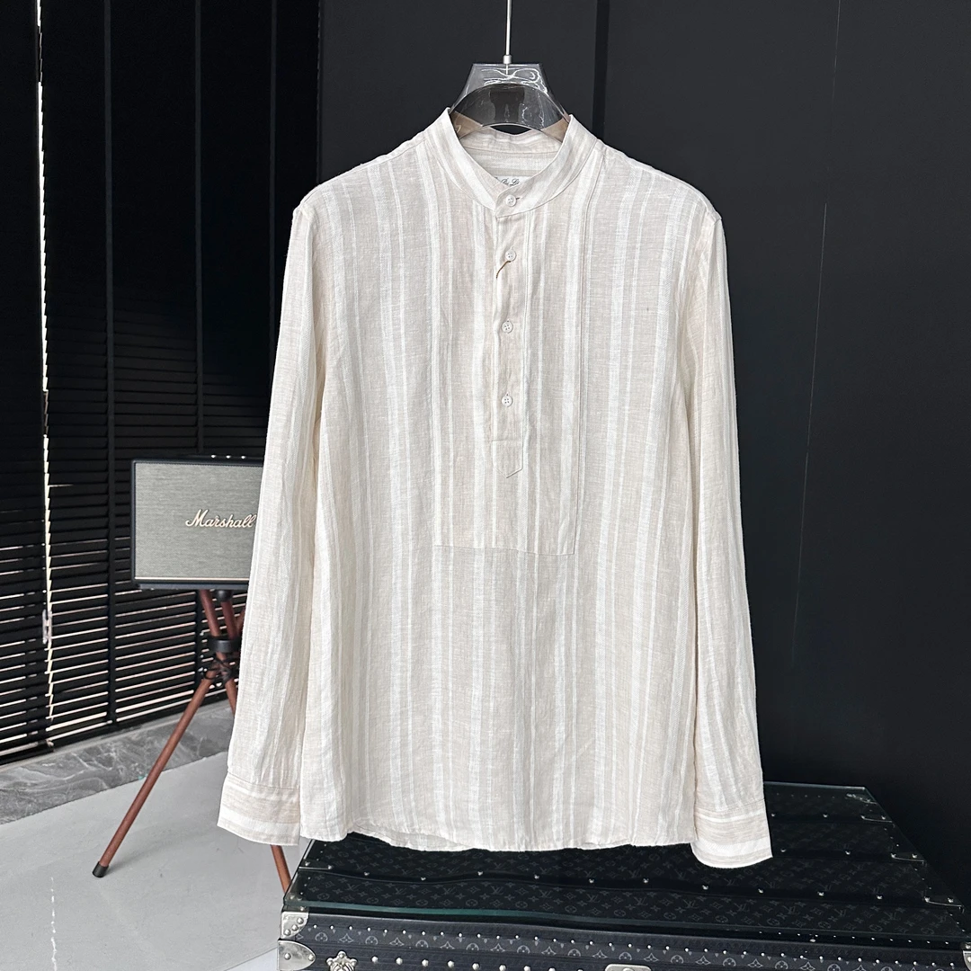 <古帝特尼>“亚麻纯色“春夏季新款男士潮流舒适暗褶立领衬衫DC-007