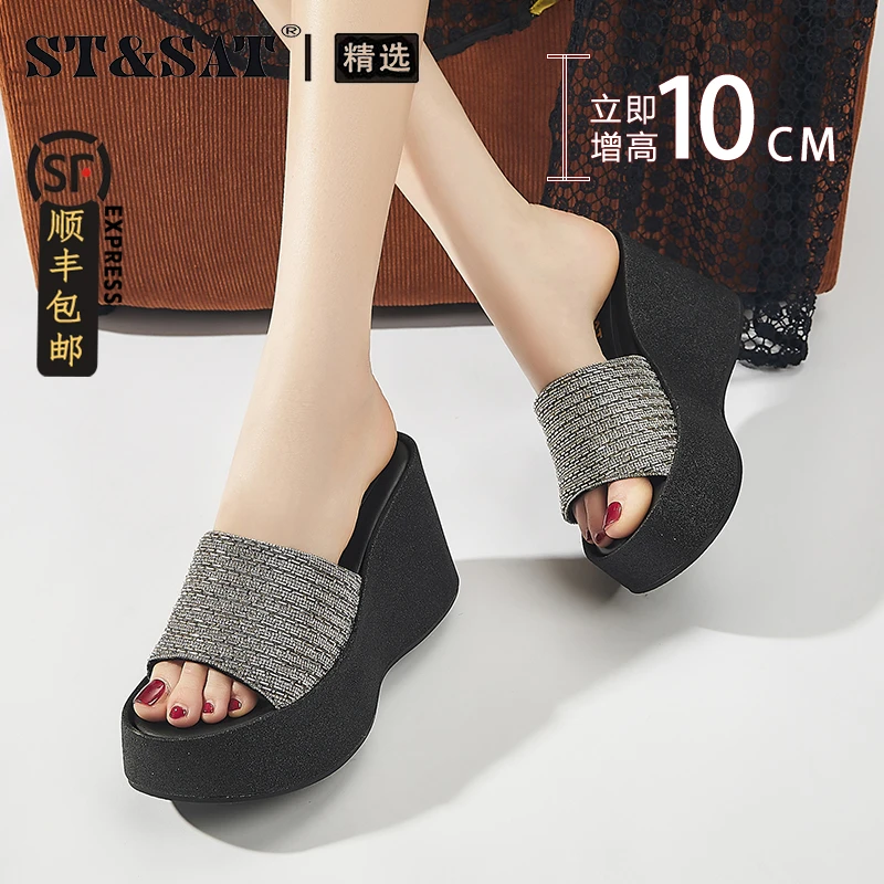 星期六10cm厚底坡跟凉拖鞋女款夏季外穿时尚亮钻小个子增高一字拖