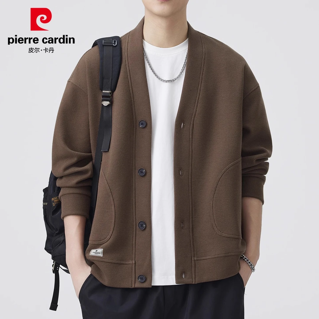 皮尔卡丹男士开衫卫衣秋季新款潮流单排扣宽松休闲慵懒风上衣男装