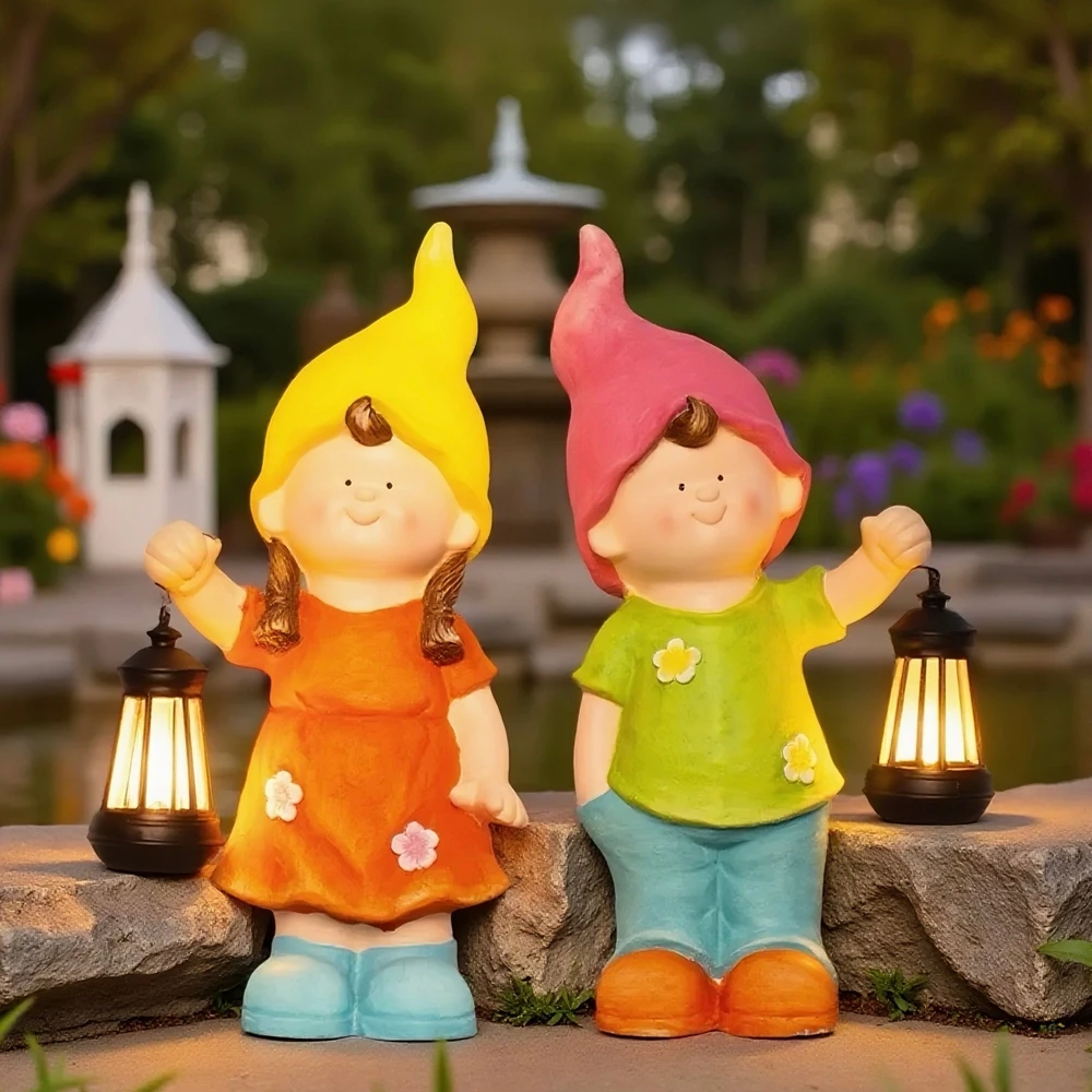 可爱卡通戴帽子男孩女孩提灯太阳能可发光氛围灯户外花园庭院装饰