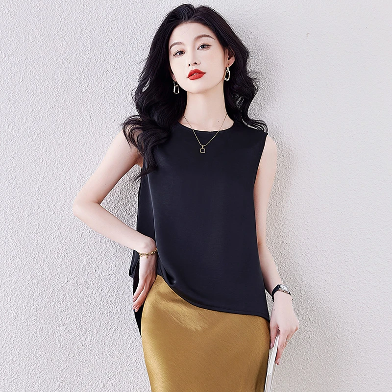 高级感优雅气质缎面圆领纯色无袖女夏季洋气上衣深圳南油高端女装