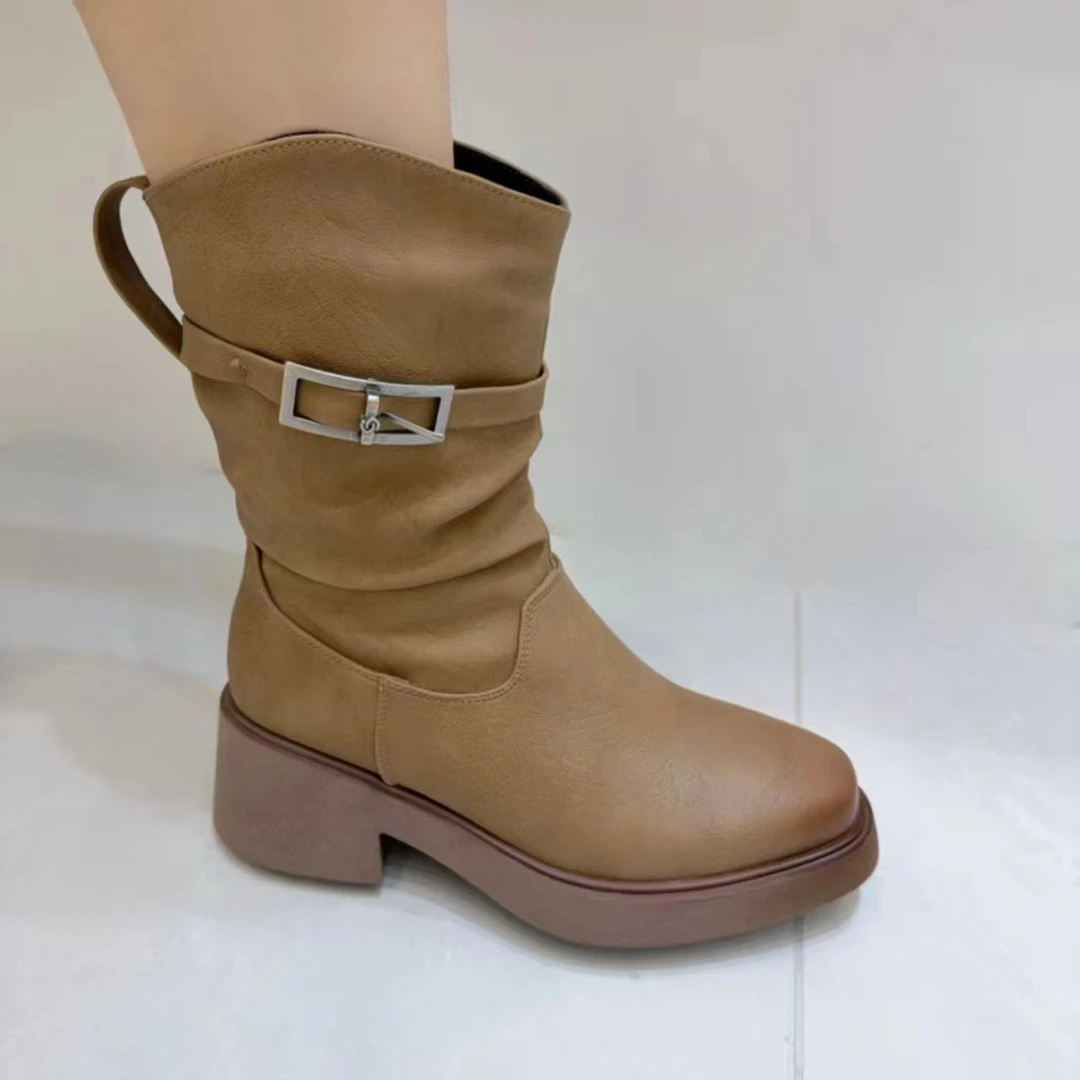 j18短靴中跟冬季松糕底一脚蹬套筒尖头粘胶平跟