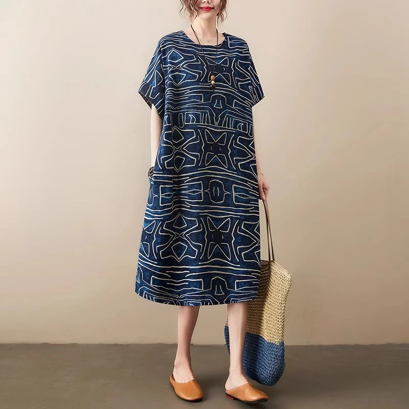 外贸日系原单出口清仓大码女装棉麻夏季短袖复古气质显瘦连衣裙子