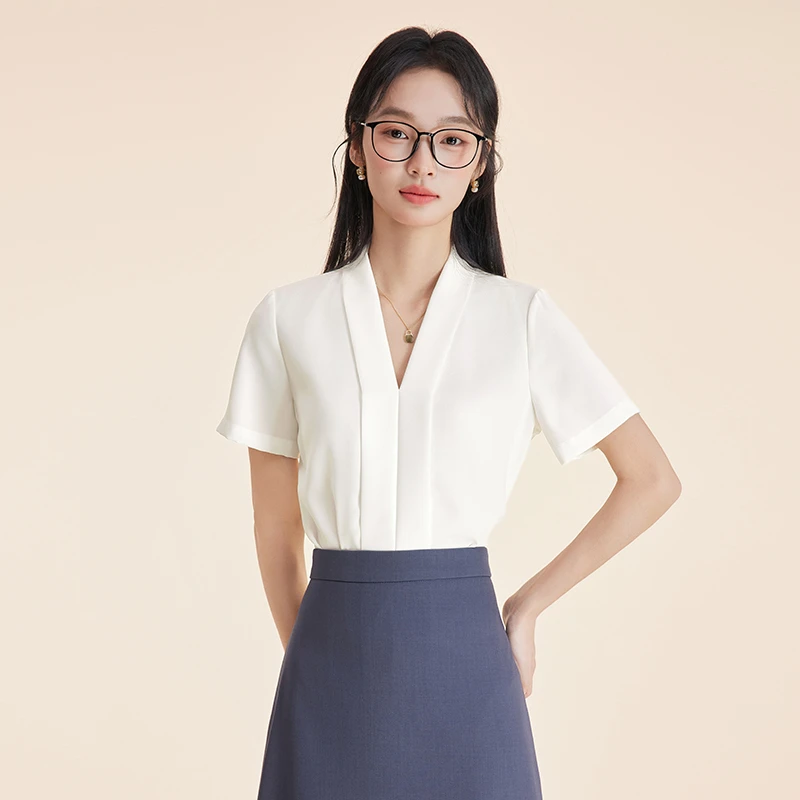 白色V领短袖衬衫女2025春气质通勤雪纺上衣正装面试西装内搭衬衣