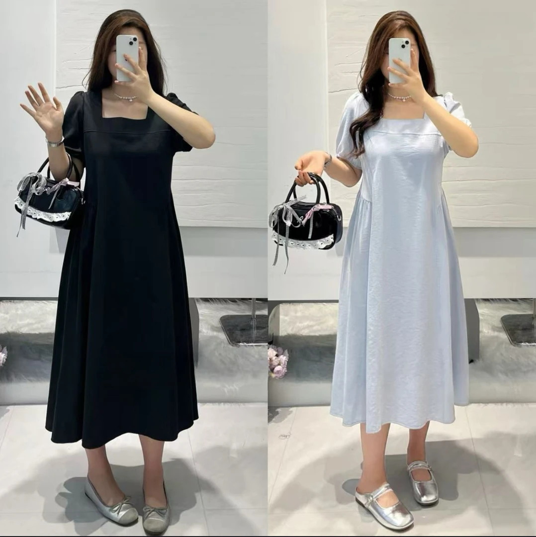 妮妮家7098夏季新款时尚气质方领甜美风气质长裙！