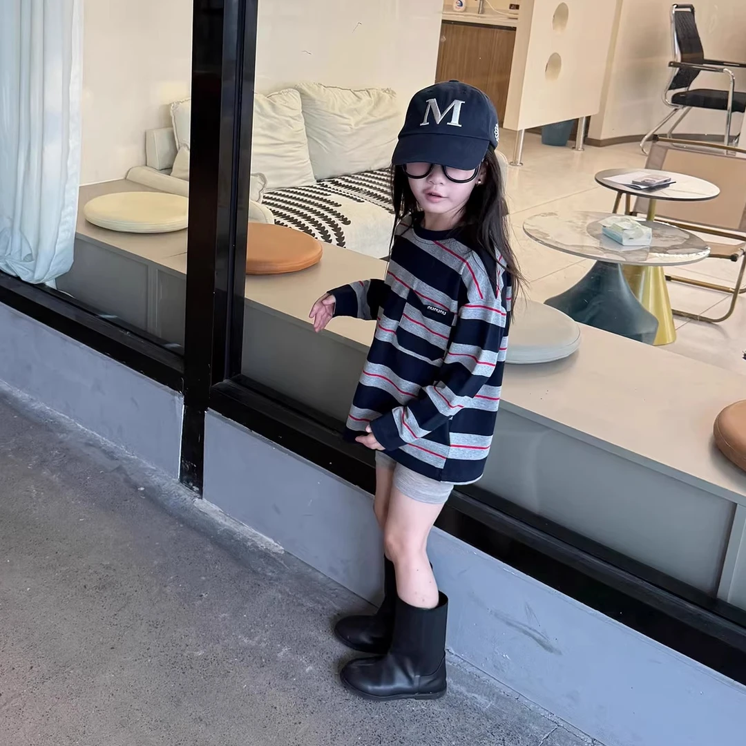 现货】壹妈韩版童装女童秋冬新款套装儿童条纹休闲上衣灰色短裤