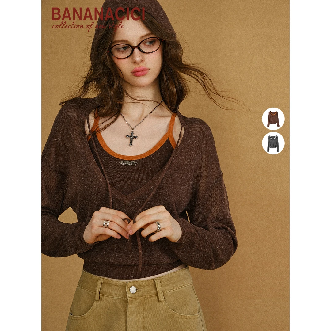 BANANA CICI2025假两件设计感V领吊带长袖连帽针织衫