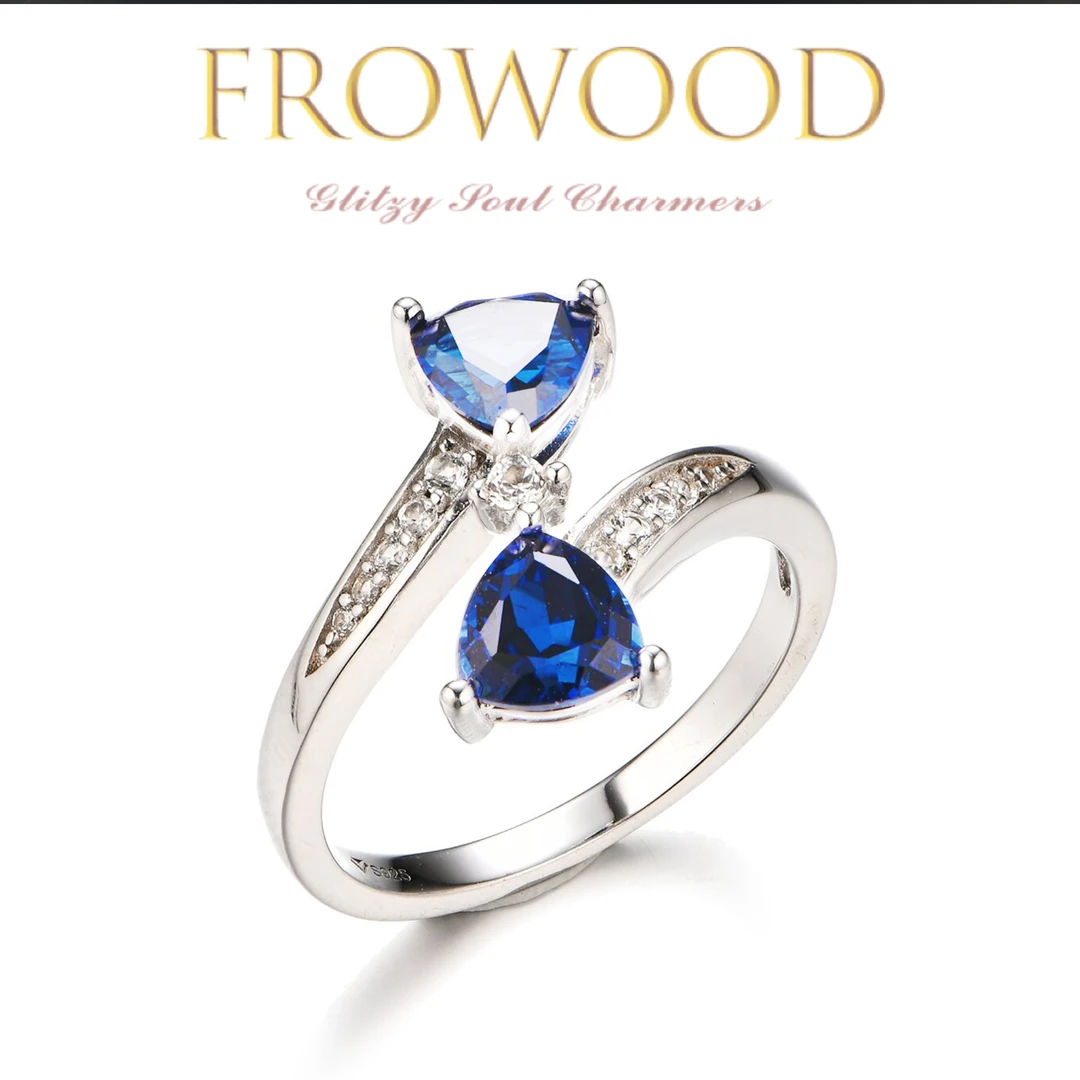 培育蓝宝石【双生花】S925银 镶钻简约百搭双石女款戒指#0089