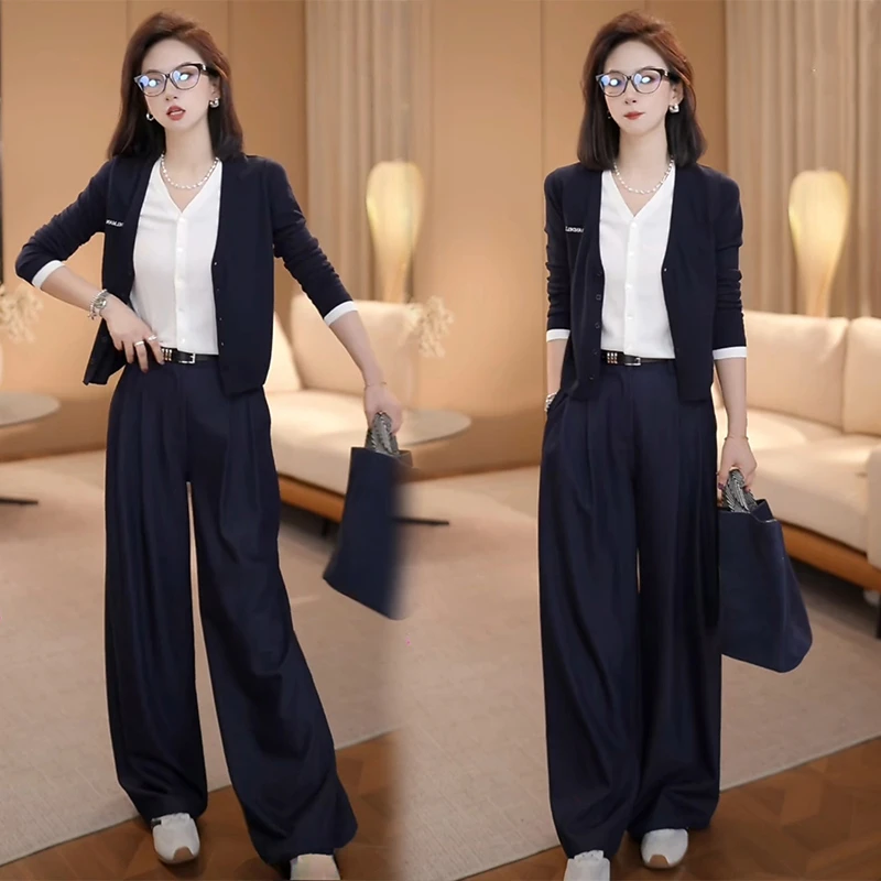 2025秋季轻职风穿搭气质假两件长袖针织开衫直筒西装裤子两件套装