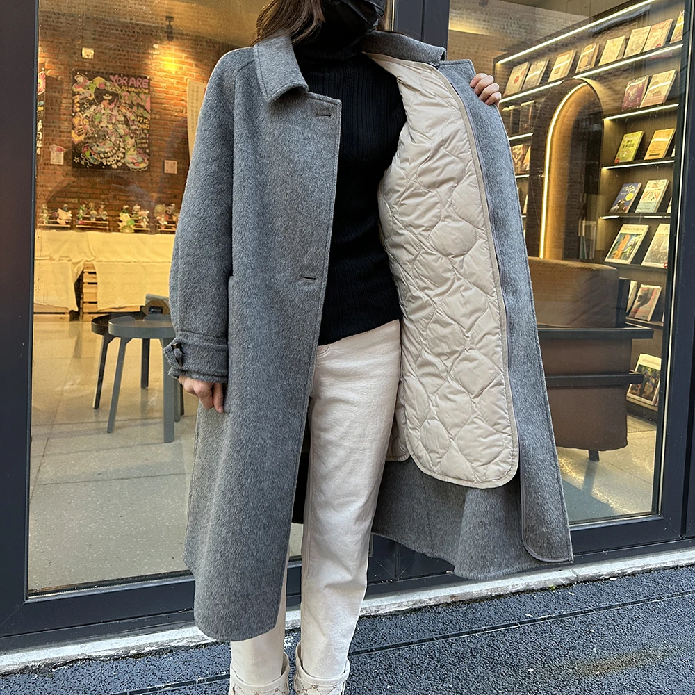 彩搭N642-冬简约女士长款可脱卸内胆羽绒大衣白鸭绒羊毛外套2-4
