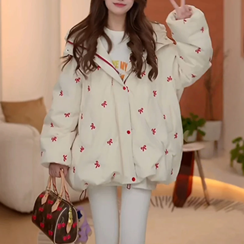 网红洋气蝴蝶结棉服外套女2025秋冬新款加厚保暖时尚连帽开衫棉衣