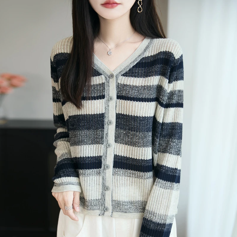 哥弟阿玛施正品高级感复古撞色条纹针织开衫女短外套毛衣2025新款