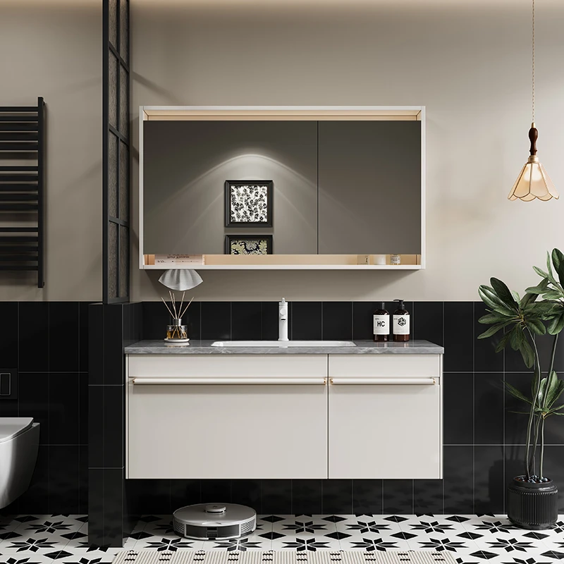 轻法现代奶油风橡木实木陶瓷一体浴室柜组合智能卫浴间洗漱洗手柜