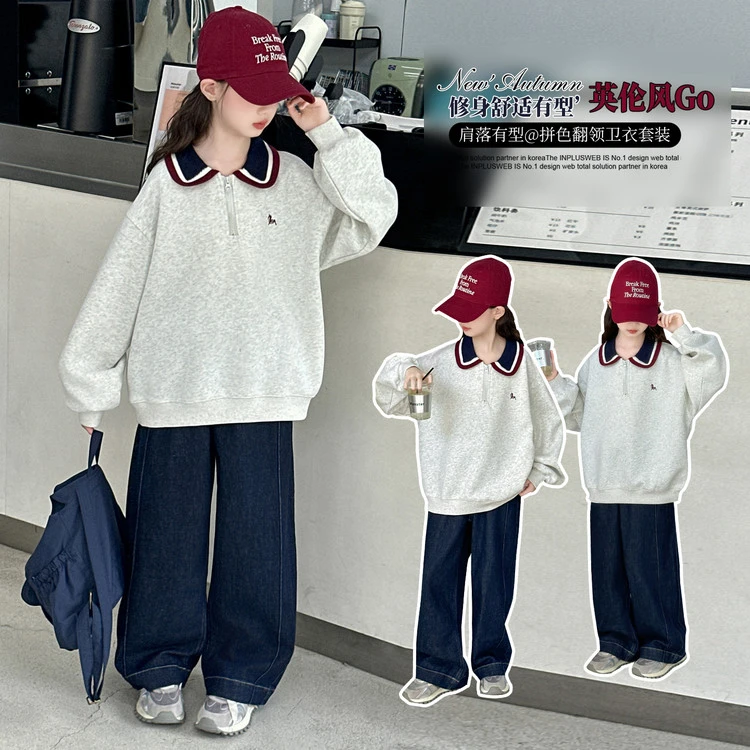 女童休闲套装春秋爆款中大童POLO衫牛仔裤两件套小学生英伦风卫衣