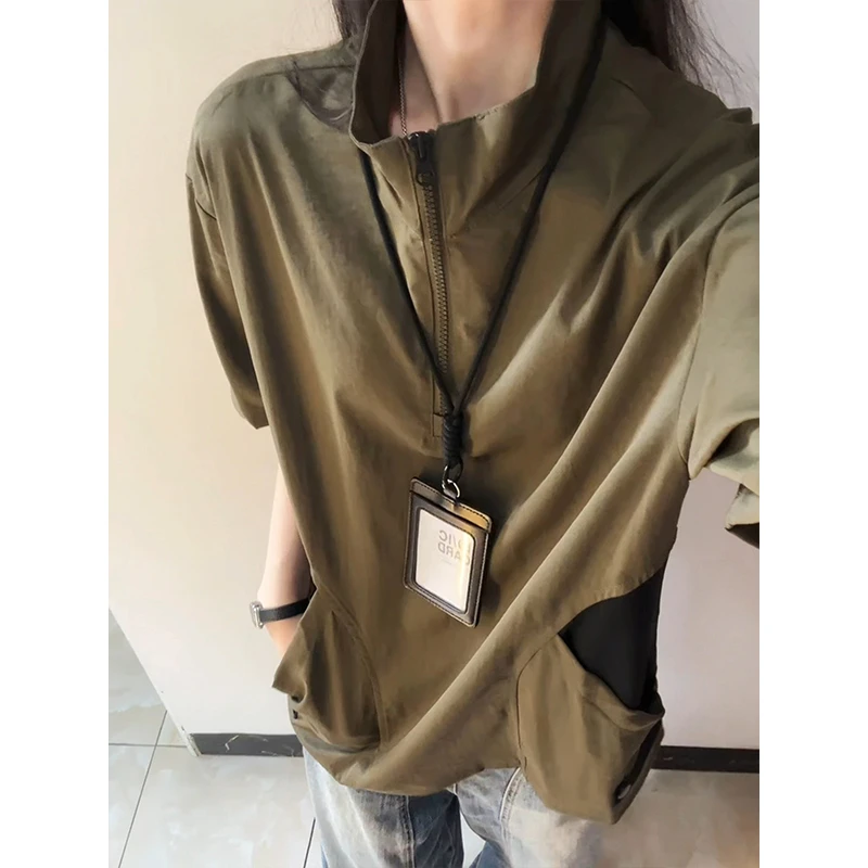 半拉链美式短袖男款夏季薄款透气户外休闲运动T恤立领半袖POLO衫