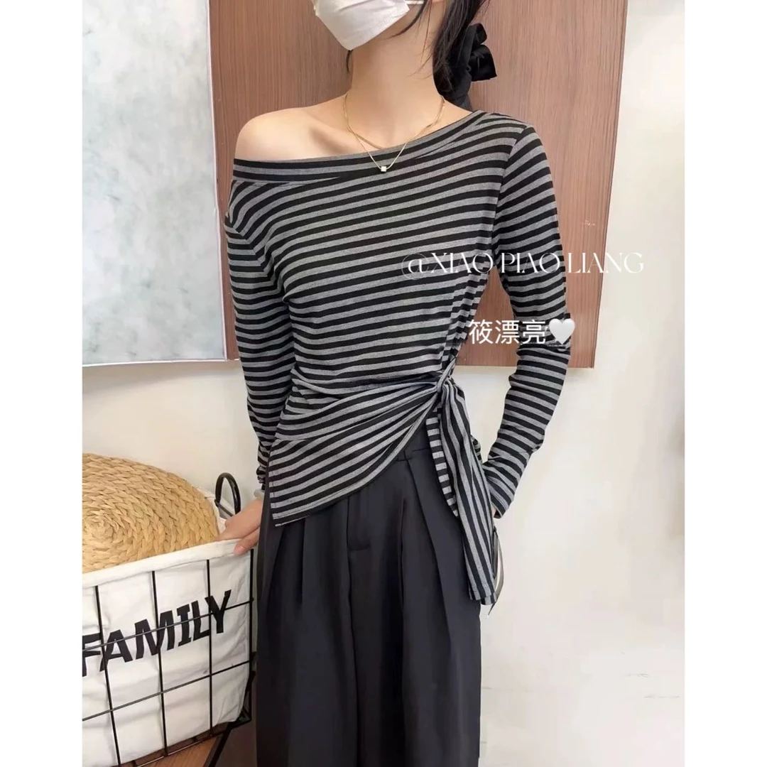 韩系新款不规则开叉收腰设计感显瘦百搭露肩长袖T恤8173-1#0.13 y