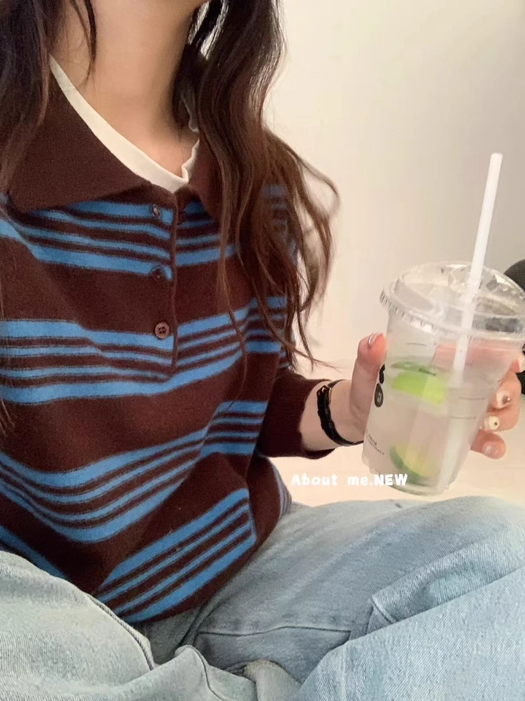 复古撞色条纹毛衣女2025新款百搭韩系休闲减龄针织衫上衣显瘦百搭