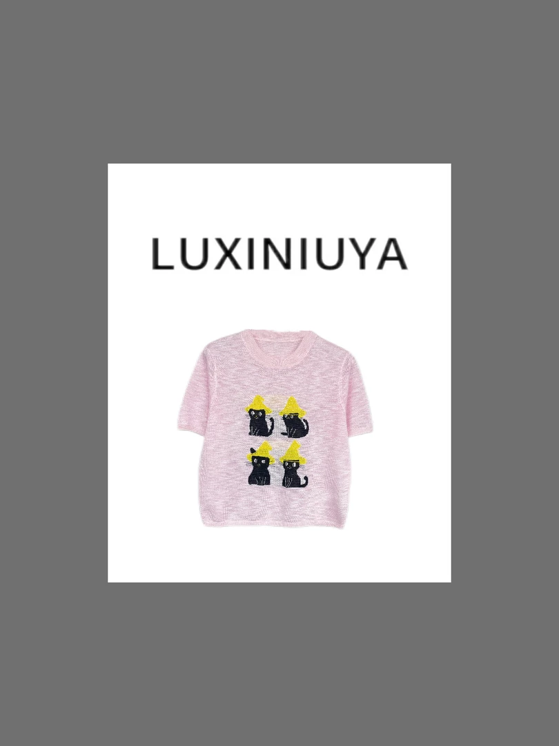 【LUXINIUYA】小黄帽猫咪 夏季新款休闲百搭薄款针织圆领T恤#CX3263