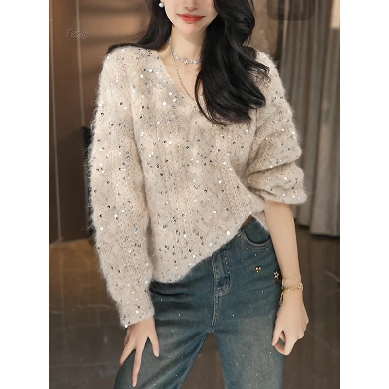 重工亮片设计长袖针织衫女2025春秋款小香风气质软糯V领套头毛衣