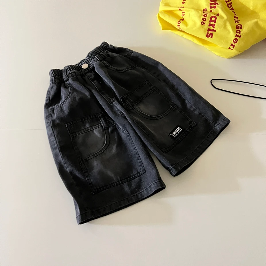 新款男童男中裤短裤休闲黑色夏季洋气休闲裤五分裤光滑面料牛仔裤