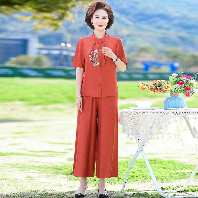 母亲节新款妈妈夏装短袖套装女中老年国风洋气t恤衬衫两件套