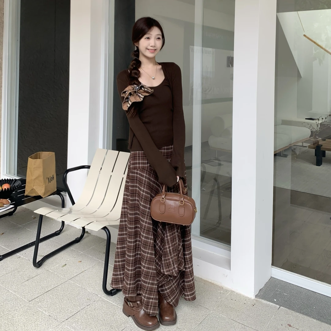 秋冬咖色格子不规则下摆韩系半身裙女高腰大裙摆到脚裸长裙子