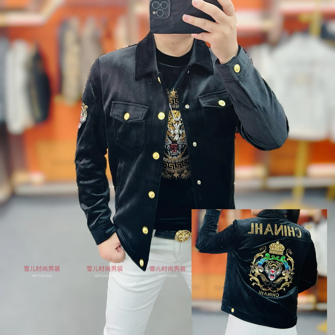 欧洲站男士秋冬季新款刺绣直下摆夹克轻奢翻领休闲加棉加厚外套男