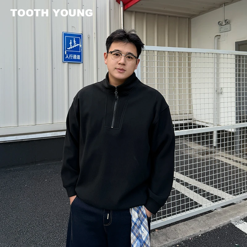TOOTH YOUNG【软糯卫衣】440g双面绒半拉链秋冬男纯色套头宽松上衣