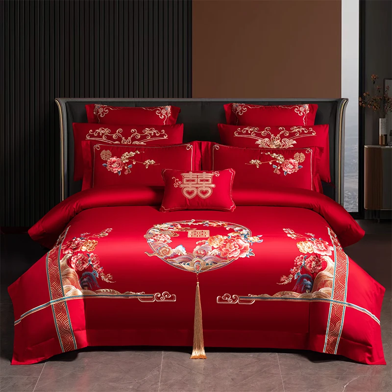 花开富贵良辰喜事婚庆全棉刺绣四件套 结婚红色纯棉刺绣床上用品