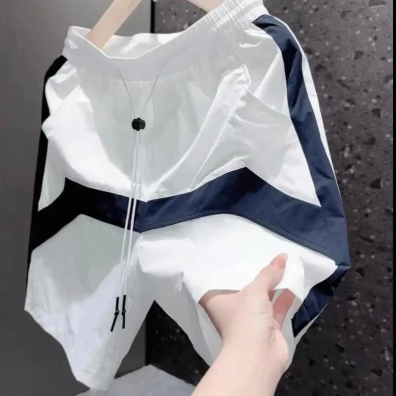 夏季男士时尚百搭拼接撞色设计感松紧腰抽绳潮流休闲短裤9228