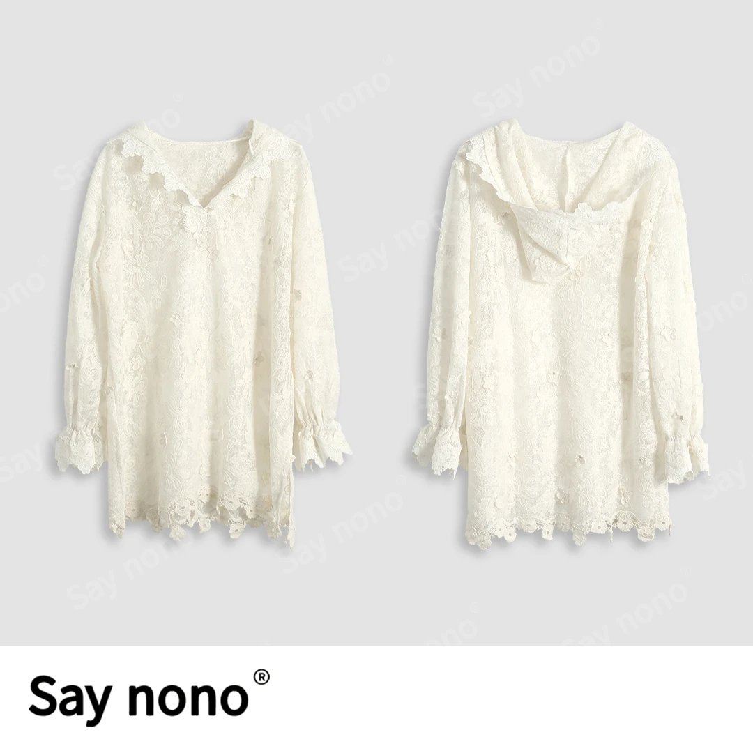 懒猫nono│Saynono 黛影流白＿蕾丝钩花镂空连帽长袖上衣/DZMZ37266