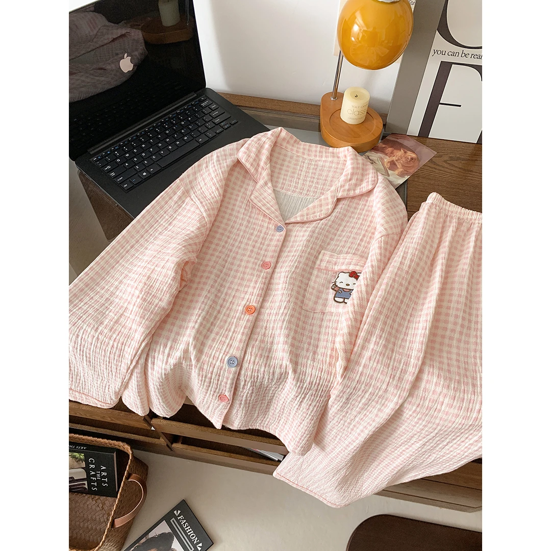 春季新款棉纱翻领刺绣睡衣女长袖长裤卡通可爱休闲家居服套装