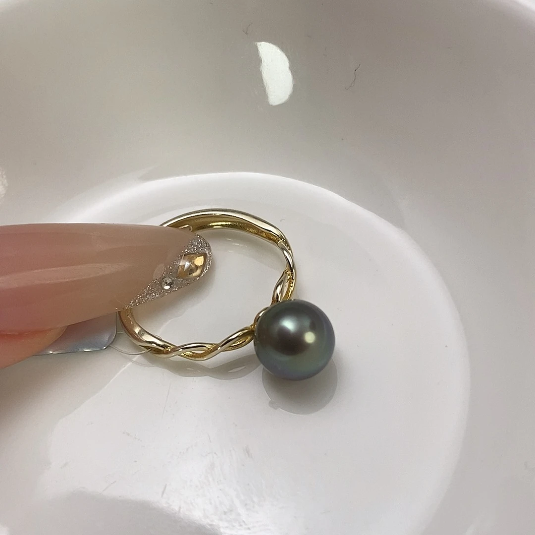 戒圈海水珍珠银S925镶嵌大溪地8-9