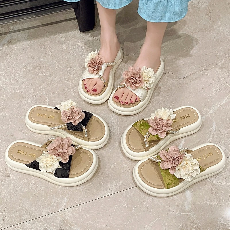 国风2025年ins凉鞋夏季厚底夏季增高珍珠拖鞋沙滩鞋一字拖小香风