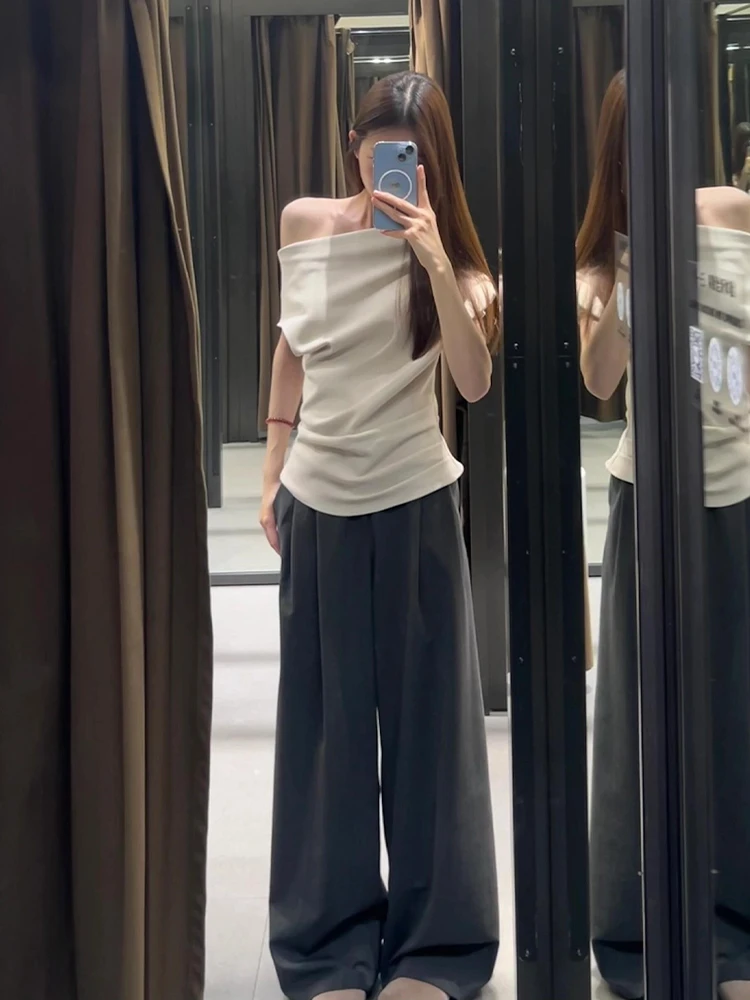 2025年夏季款韩系通勤简约穿搭时尚斜肩短袖T恤休闲阔腿裤套装女