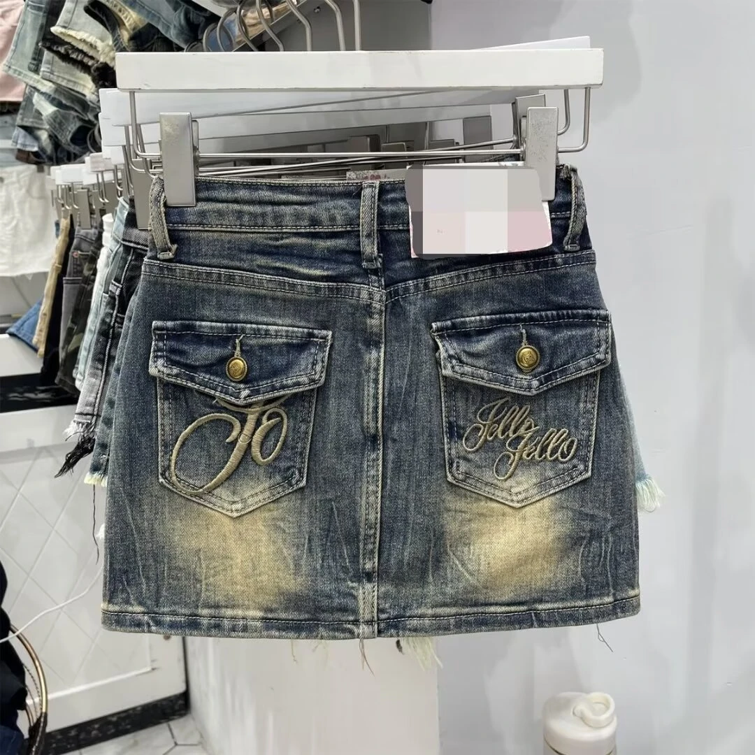 美式复古牛仔半身裙女2024夏季新款刺绣辣妹高腰显瘦A字包臀短裙