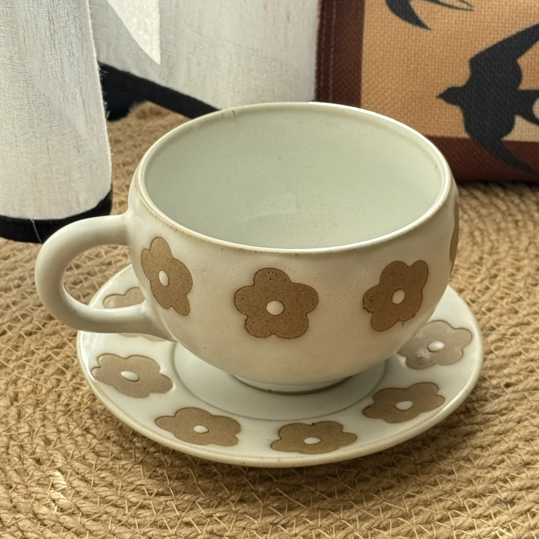 雪朵复古手作高颜值小巧家用粗陶咖啡杯碟套装