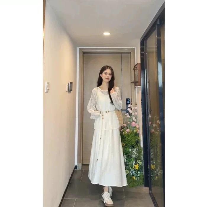 【白茶月光】春季新款 法式超仙可调节吊带裙+镂空小衫36688