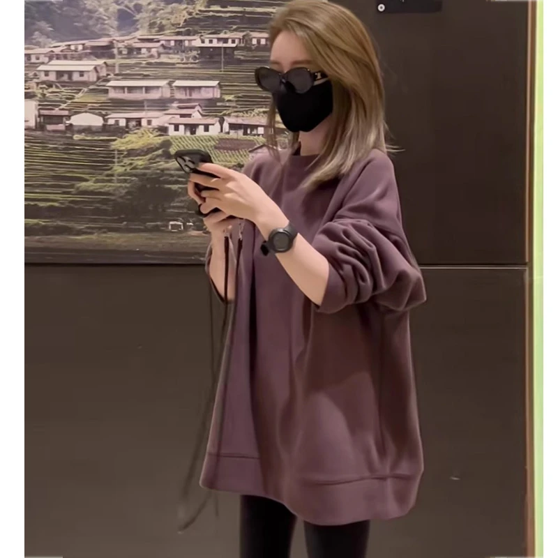 紫色无帽加绒卫衣女秋冬季新款美式宽松时尚休闲慵懒风中长款上衣