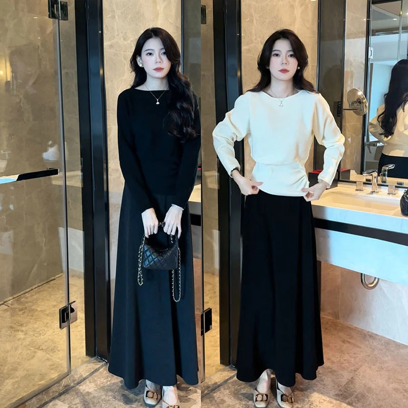 秋冬新款设计感侧边纽扣压褶长袖针织显瘦上衣+百搭A字半身裙套装