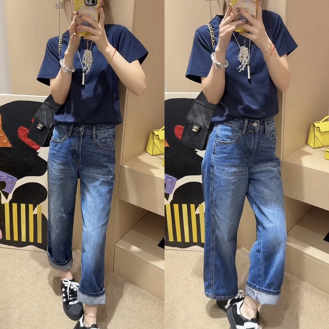 极简风蓝色直筒九分牛仔裤女秋季新款大码百搭复古显瘦法棍阔腿裤